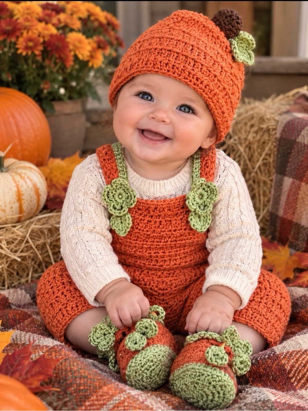Original handmade Crochet Baby PUMPKIN Beanie Hat & booties Autumn Costume